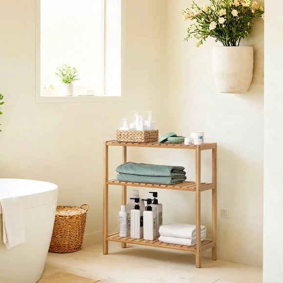 SONGMICS Bamboo Storage Shelf, 3-Tier Shelving Unit, Multifunctional, in the Entryway, Bathroom, Living Room, Balcony, Kitchen, 10.2 x 23.6 x 26 Inches, Natural