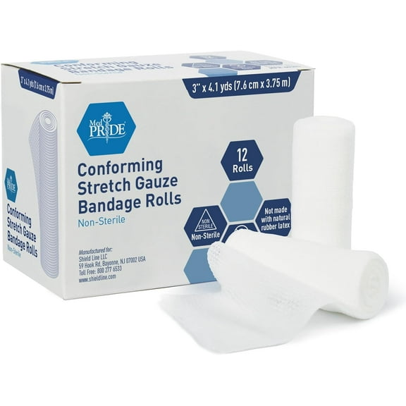 MEDPRIDE Conforming Gauze Rolls Disposable First Aid Rolled Stretch Bandages, 3” x 4.1 yd, 12-Pack