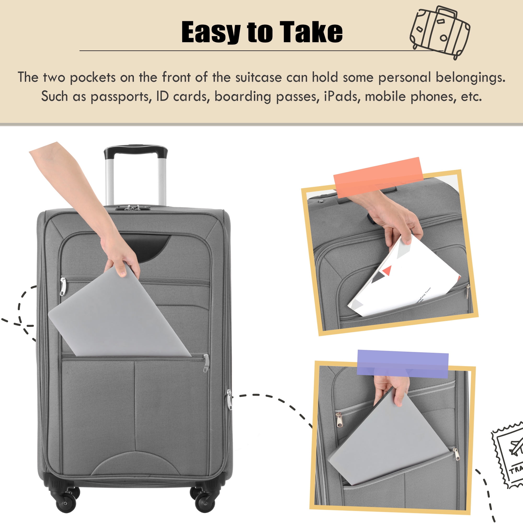 Softside Luggage 5 Piece Set, 20"/24"/28" Carry-on Luggage, Softshell Checked Luggage, Lightweight Suitcase Travel Set