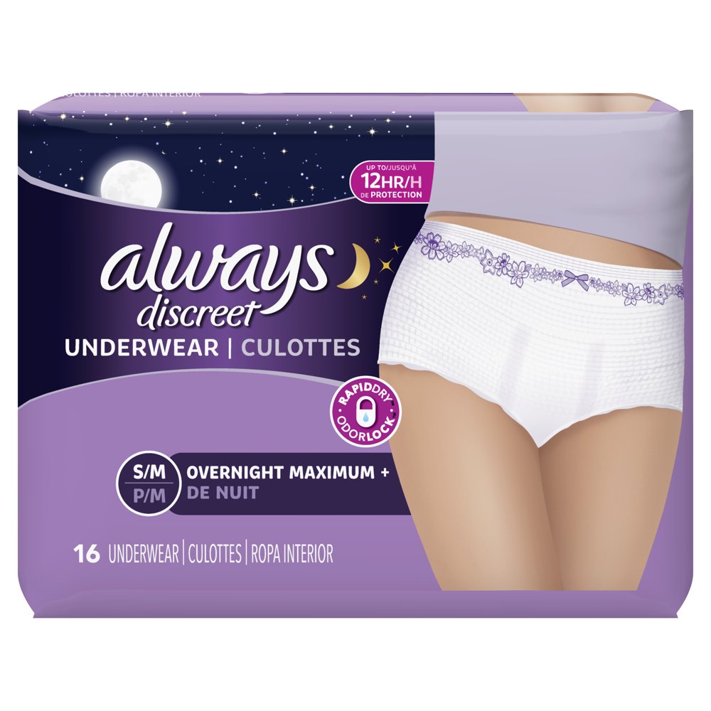 Always Discreet Incontinence Overnight Underwear, Small/Medium, 16 ct