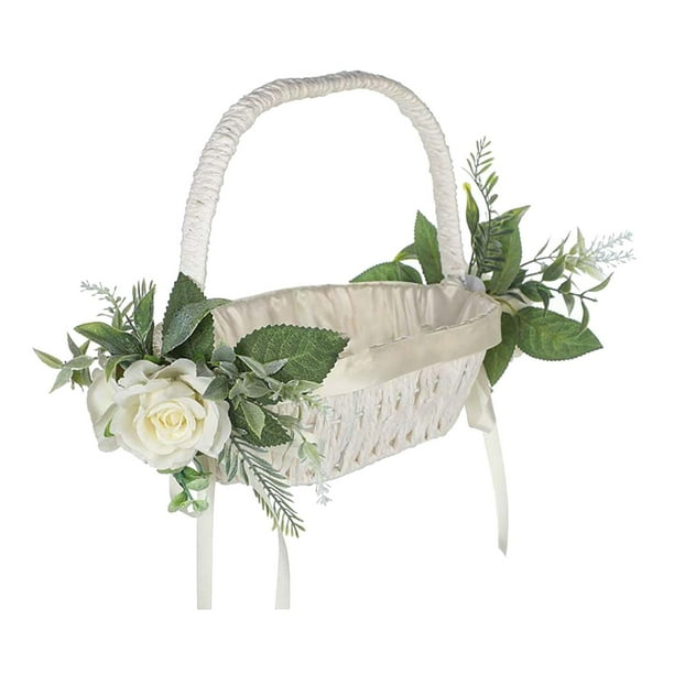 Cesta de flores de boda Macarena blanca con asa decoración de flores de seda