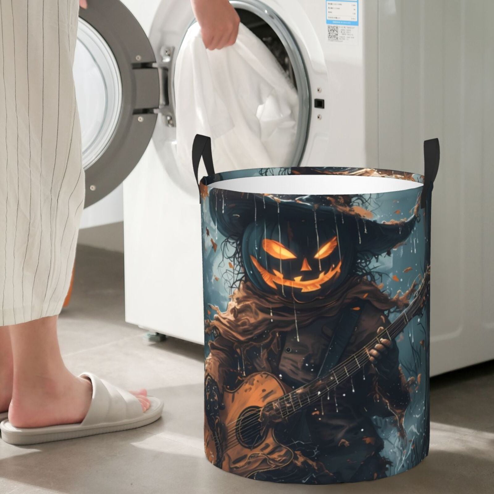 Large Laundry Basket with Handles - Halloween Pumpkin Guitarist Kids Baby Dirty Clothes Laundry Hamper for Bedroom Aesthetic
