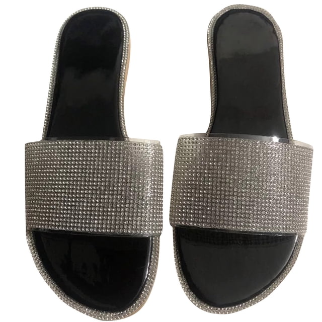 Womens Flat Sandals Rhinestone Clear Strap Open Toe Colorful Blingbling Non Slip Lightweight Breathable Summer Beach Sandals Black
