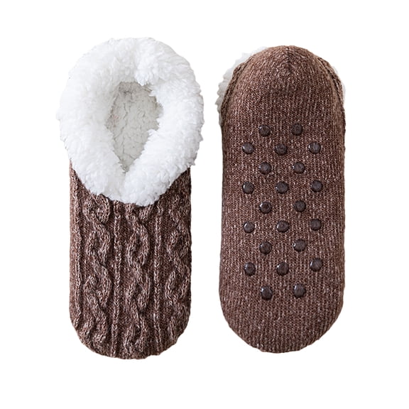 Women's Fleece Lined Slipper Socks Thick Warm Non Slip Gripper Floor Socks with Silicone Dots for Indoor Home Sleep Lounging Walking on Tile Wood Coffee