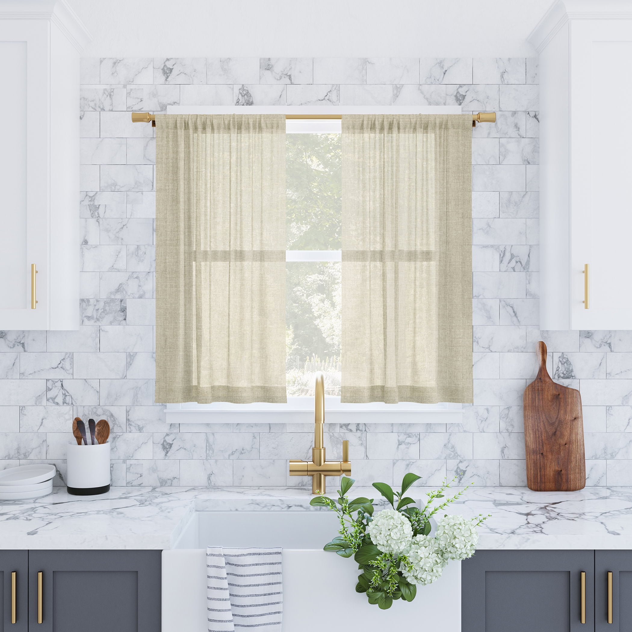 Archaeo 2-Pack Slub Textured Linen Blend Cafe Curtain Pair, 56"W X 24"L, Linen