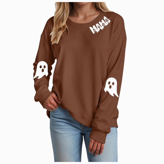mgoYE Women Halloween Shirt Sweatshirts Halloween Ghost Sweatshirt Women - Halloween Graphic Crewneck Tops Casual Sweater(Brown,XL)