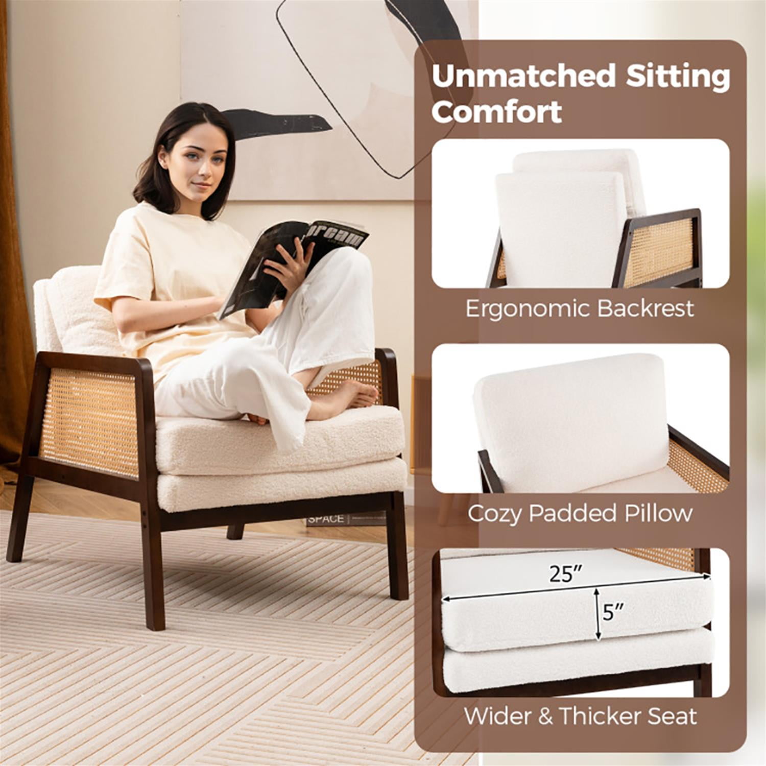 Demi Bonn Modern Accent Chair, Elegant Armchair with Rattan Arms and Cushion, Suitable for Living Room Bedroom Reception Room Office, Brown