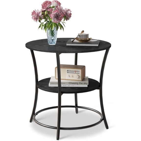 Side Table, Round End Table with 2 Storage Shelves for Living Room, Bedroom, Nightstand with Steel Frame for Small Spaces, Accent Coffee Table
