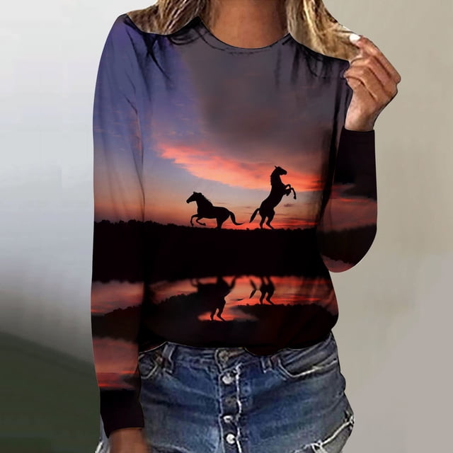 Fartey Chemises à Manches Longues Imprimé Cheval Mode pour Femmes Chandails en Molleton Légers et Confortables Col Rond Hauts de Voyage Décontractés et Élégants