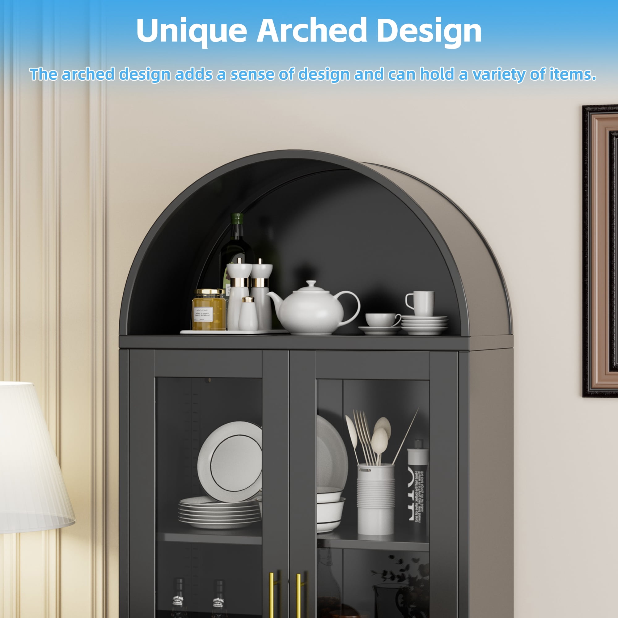 Supeer 73-Inch Tall Arched Kitchen Pantry Lockable Storage Cabinet with Glass Door, 1 Drawer, 2 Shelves, Black, Assembly Required