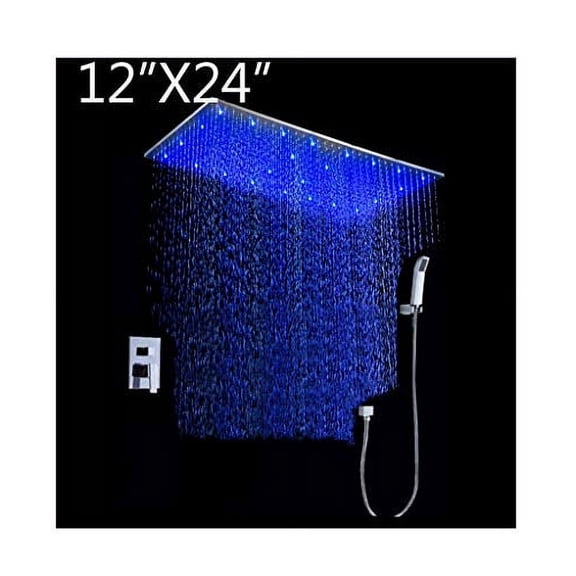 Cascada Luxury Bathroom Shower Set Rainfall LED Shower Head, Double-Function Valve, and Brass Handheld Shower (12"x24", Chrome)