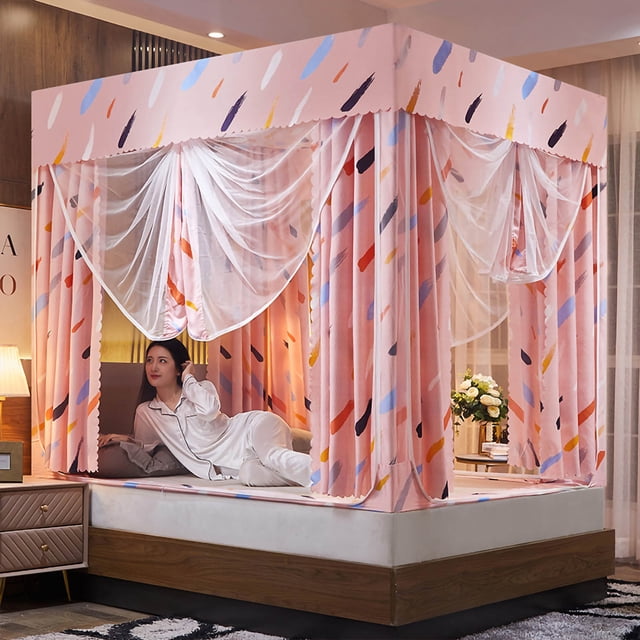 Cortinas de cama con dosel de cuatro postes de esquina con mosquitera en forma de U Ticfox Soporte de acero inoxidable 2.0x2.2m