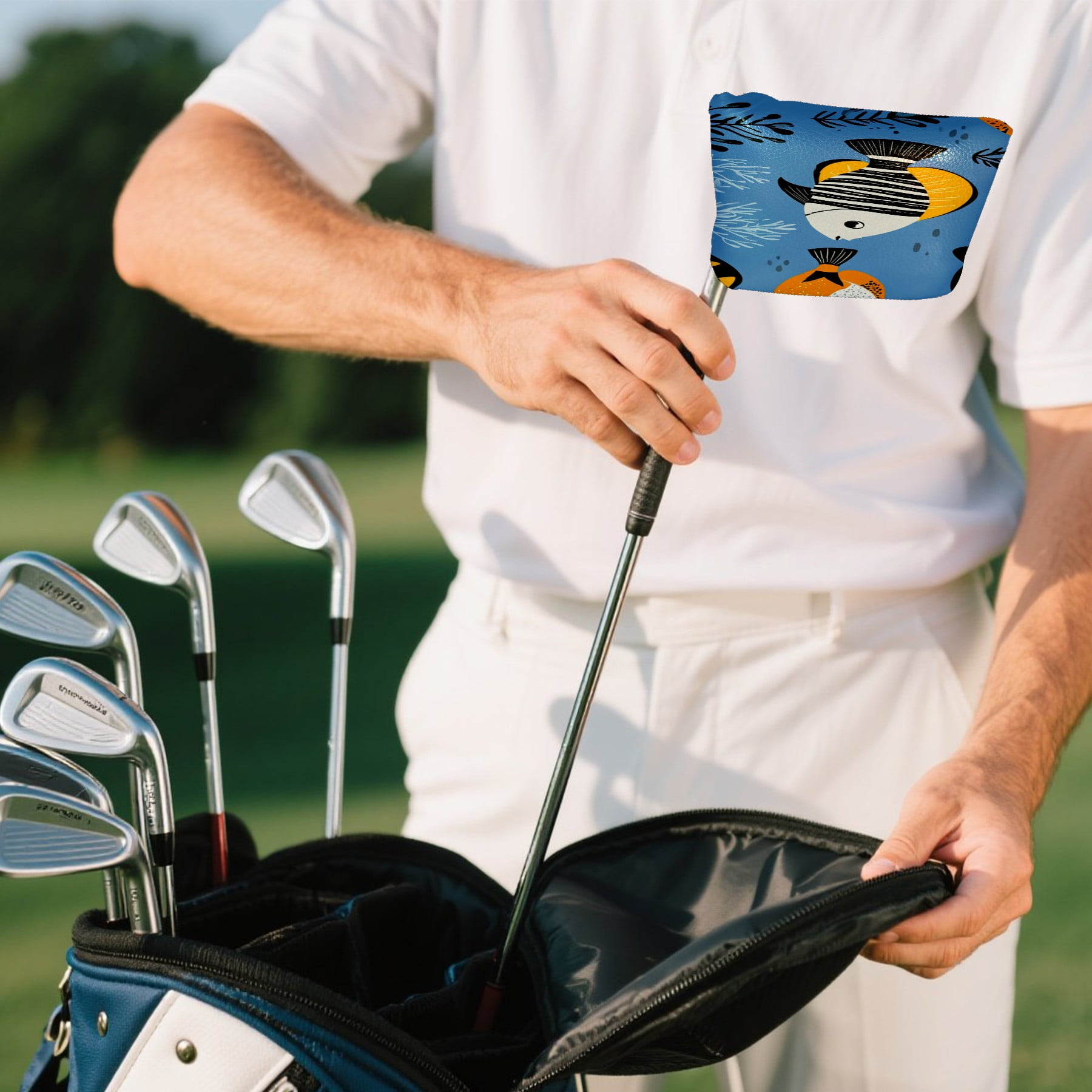 Golf Mallet Putter Cover Premium Leather Waterproof Golf Putter Head Cover with Magnetic Closure Cartoon Tropical Fish