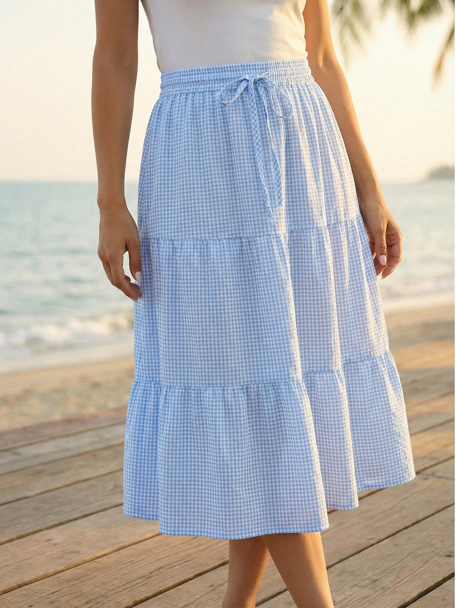 DARING DIVA Women's Gingham Drawstring Waist Tiered A-Line Midi Skirt Medium Sky Blue