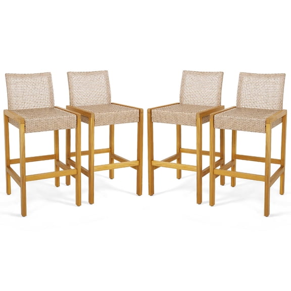 Costway Set of 4 Patio Wood Barstools Rattan Bar Height Chairs with Backrest Porch Balcony