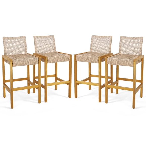 Costway Set of 4 Patio Wood Barstools Rattan Bar Height Chairs with Backrest Porch Balcony
