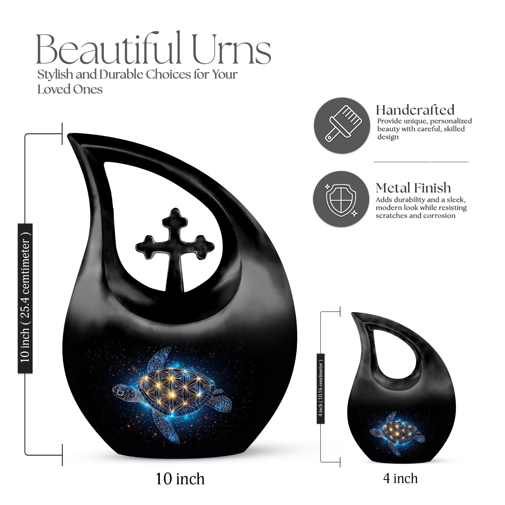 MUKTIVE Tortoise Cremation Urns for Human Ashes Large - Cross Drop Burial & Funeral Urn for Ashes for Men - Remembrance Gift for Loss - Memorials & Funerary Cremains Holders, 10 Inches