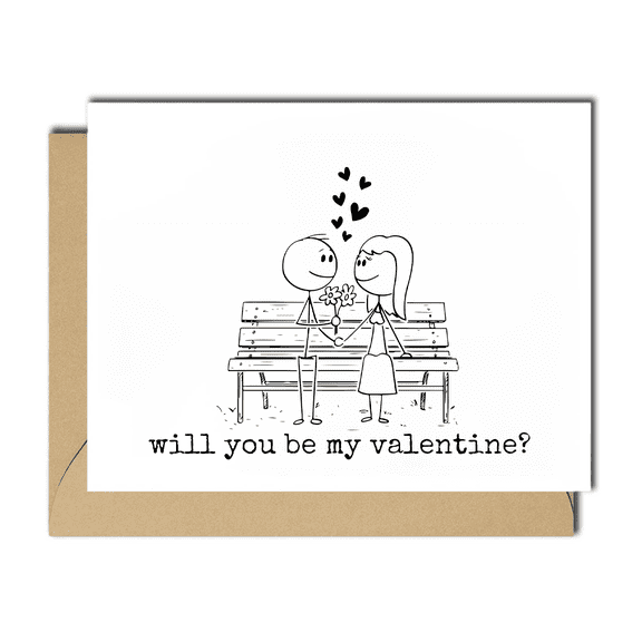 Valentine's Day Card – Cute Stick Figure Couple Holding Flowers – "Will You Be My Valentine?" – Envelope Included, Perfect for Sweetheart to Express Love