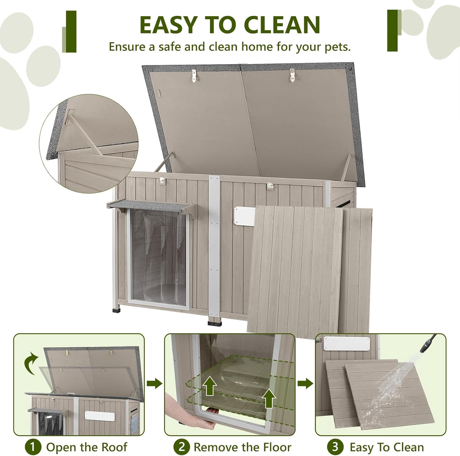 PETSCOSSET Large Dog House, Outdoor Wooden Dog Kennel with Removable Floor, Openable Roof  for Medium to Large Dogs, Gray