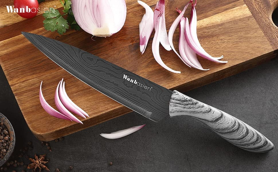 Wanbasion Matte Black Titanium Plated Stainless Steel Kitchen Knife Set  Damascus