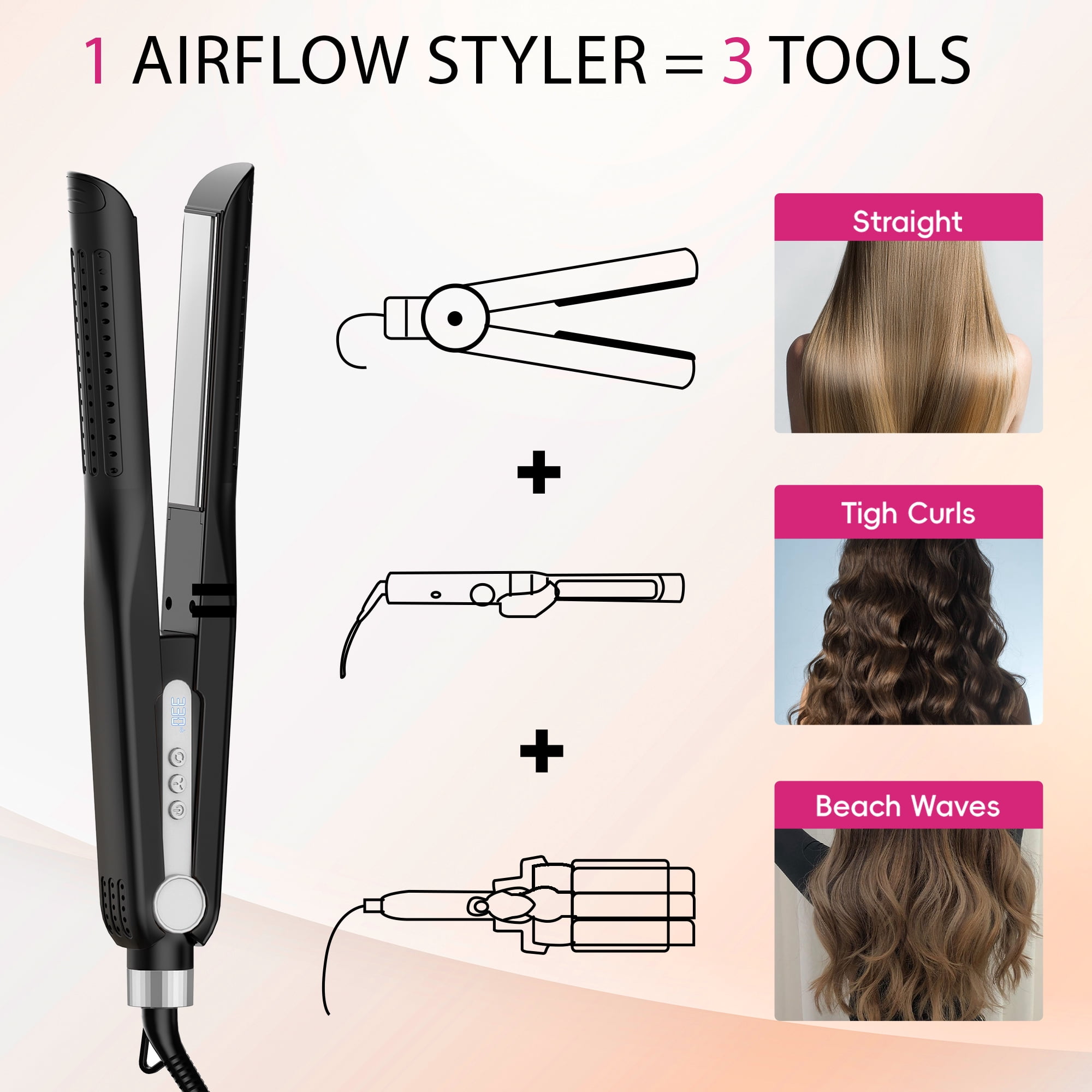 Nicebay Airflow Styling, Hair Straightener, 1 inch Curling Wand Cool Air Vent, 5 Temp, Universal Voltage