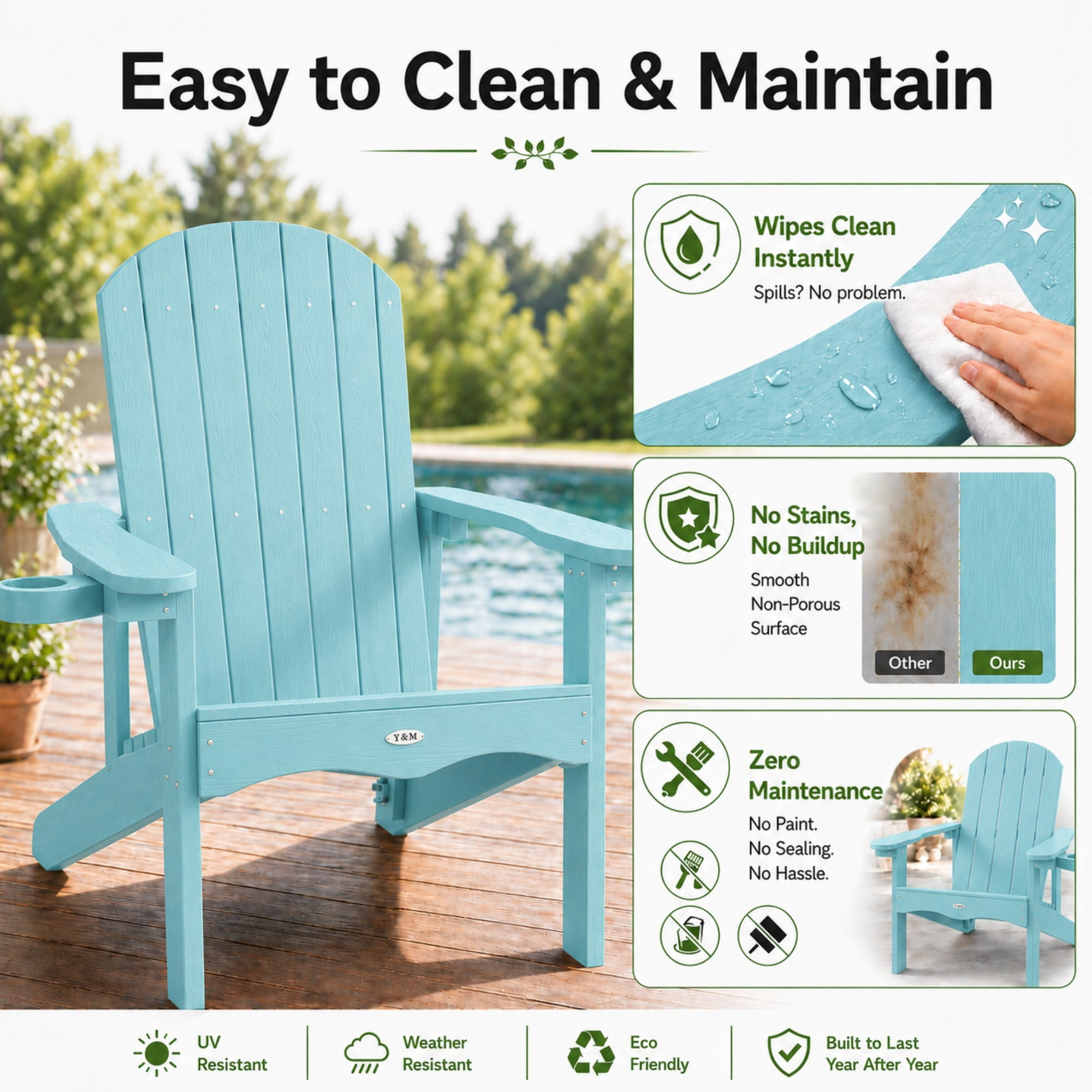 Y&M Adirondack Chair, HDPE Weather Resistant Outdoor Chair with Cup Holder, Light Blue