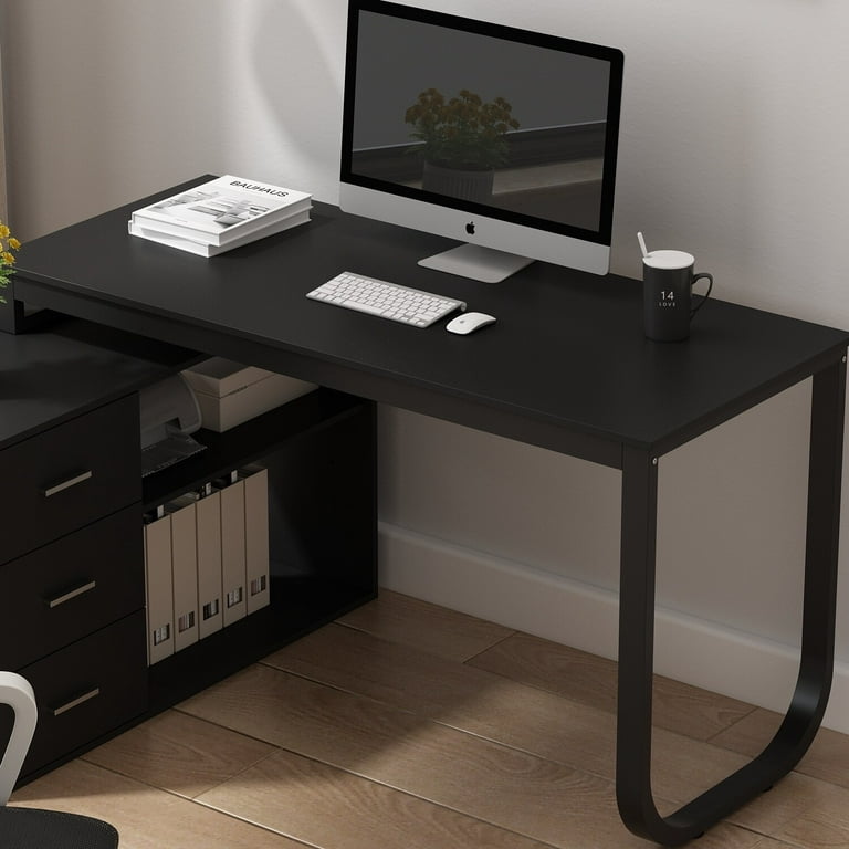 Reversible L-Shaped Desk Computer Desk with Drawers & Shelf Ample Storage - FUFUGAGA Black