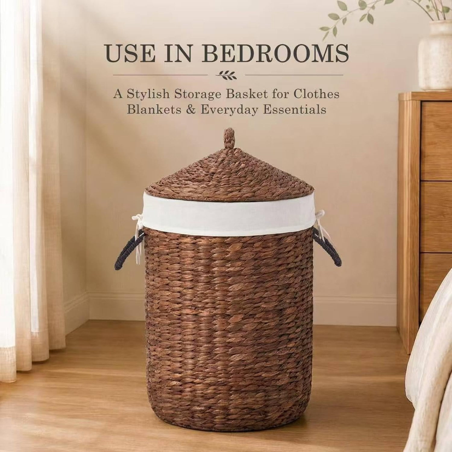 Round Laundry Hamper with Lid, Woven Natural Water Hyacinth, 17.52 in Diameter x 20.87 in Height
