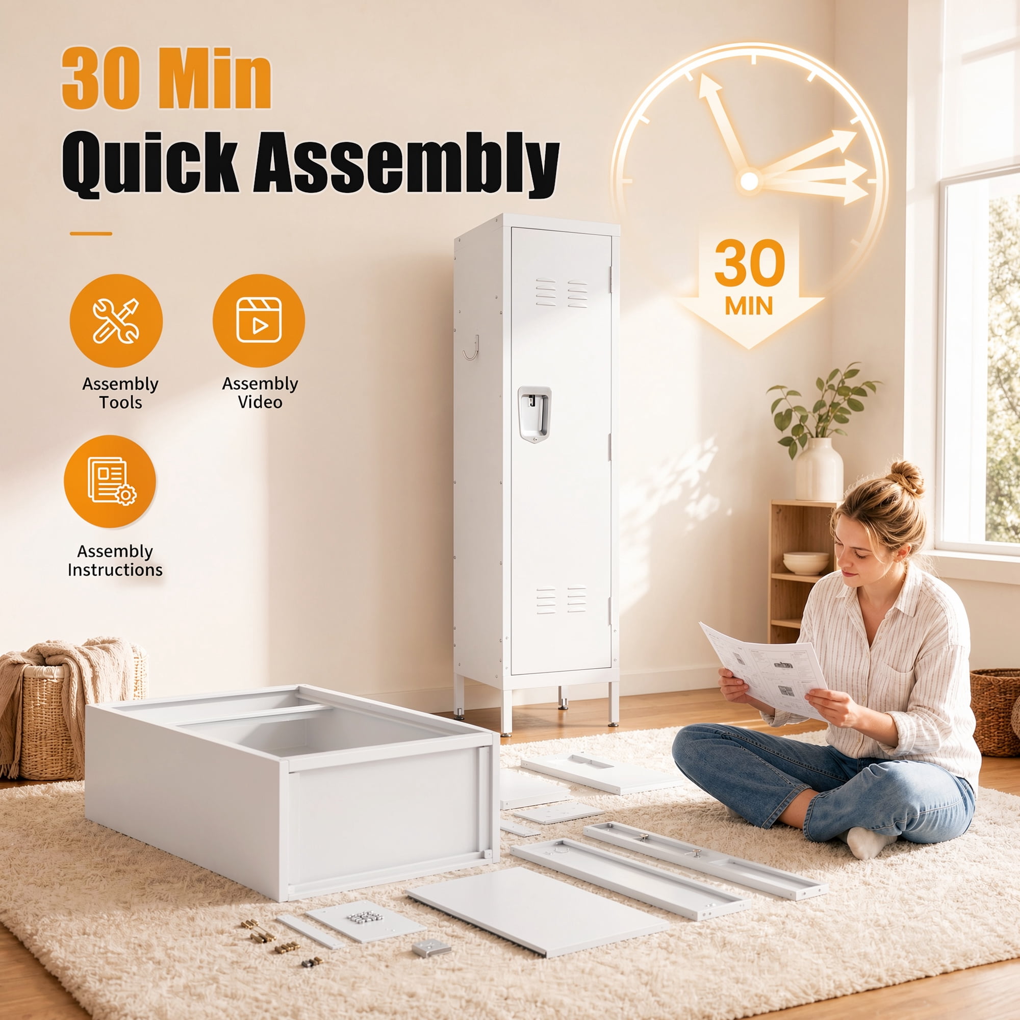 HOQBN 55" Tall Metal Wardrobe Cabinet,Waterproof Steel Clothing Storage Locker with Ventilated Door,Lock & Side Hooks,Vertical Bedroom Wardrobe for Small Apartment Home Office,White