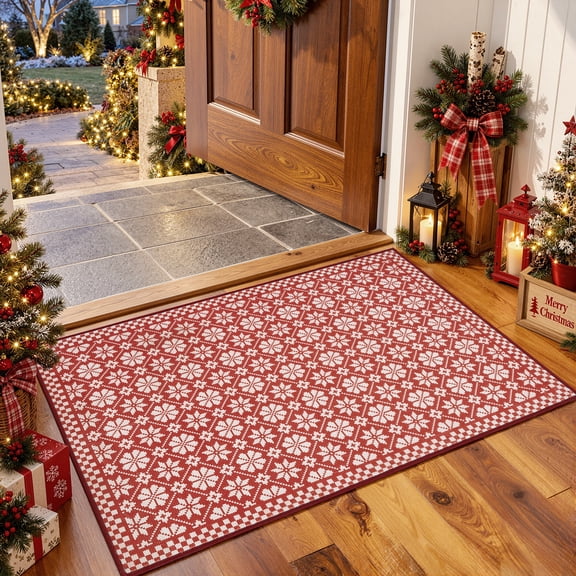 RUGKING Farmhouse Christmas Door Mat 2x3 Snowflake Washable Rug for Entryway Kitchen Holiday Decor Red and Ivory