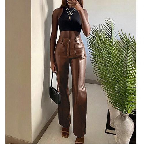 Waist Leather Pants Solid Color 