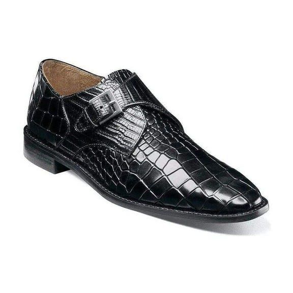 25637-001 Stacy Adams Rapino Plain Toe Monk Strap Shoes Crocodile Print Black