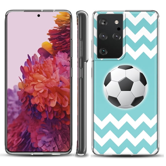 Slim-Fit Lightweight Protective Phone Case compatible with Samsung Galaxy S21 ULTRA 5G, by OneToughShield ® - Chevron/Teal/Soccer