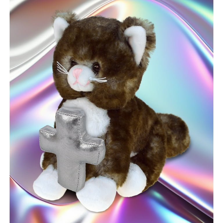 DolliBu Brown Cat Stuffed Animal with Silver Cross Plush