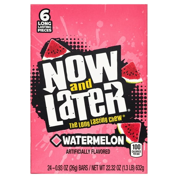 Now and Later Original Watermelon Taffy Chews Candy, 0.93 oz (24 Count)