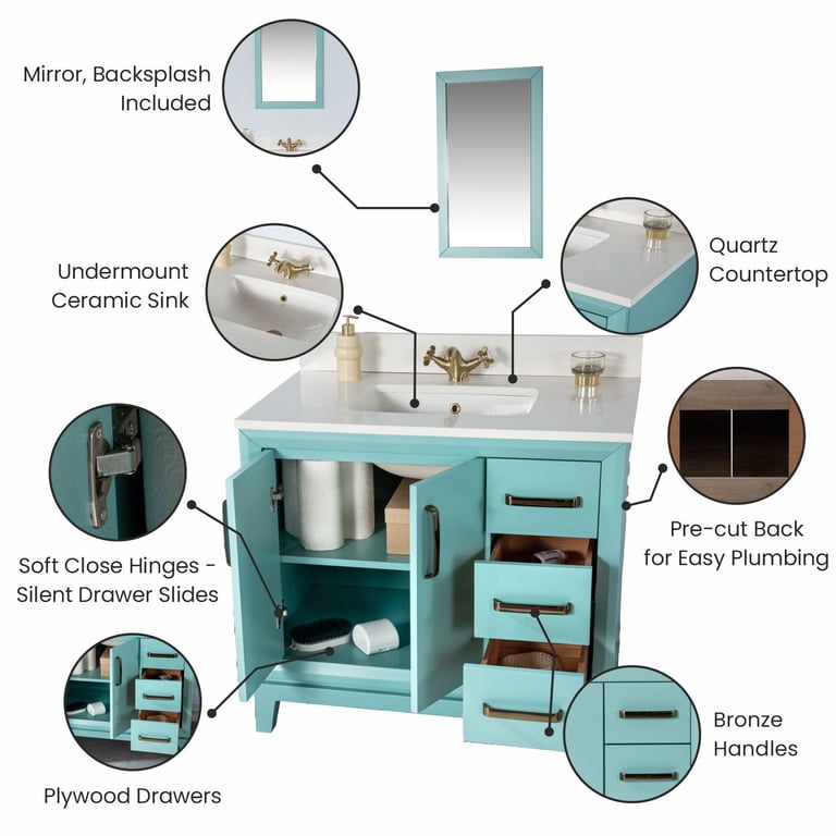 Adorn Fabia Collection 36 inch Single Turquoise Vanity with Quartz