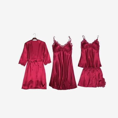 

QWZNDZGR Satin Sexy Robe sets Women Sleepwear Solid color Sleep Tops Lace Kimono Bathrobe Female Homewear Femme Nightwear Night Dress