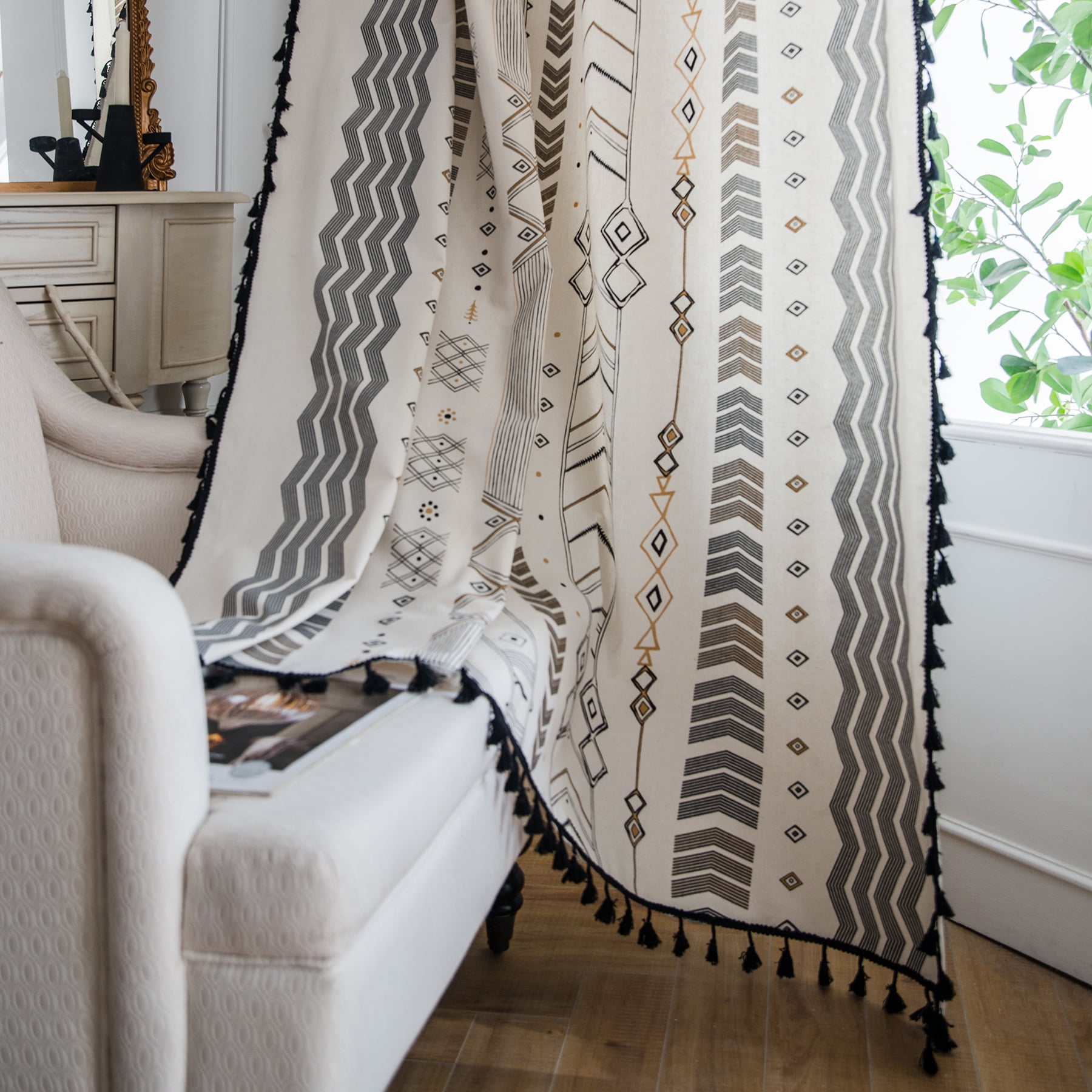 VOGOL Vintage Geometry Striped Curtains, Rod Pocket Farmhouse Bohemian Window Drapes for Kids Bedroom, 59 x 79 Inches, 1 Panel, Black
