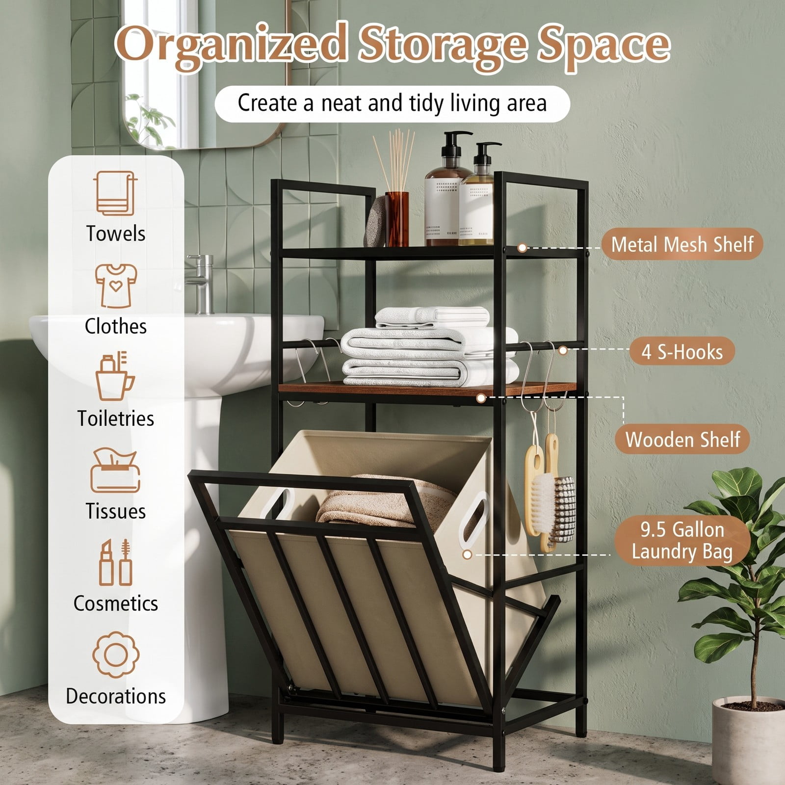 Fenbeli 2-Tier Laundry Hamper with Tilt-out Basket, Metal Wood Laundry Sorter with 9.5-Gallon Removable Bag and 4 S-Hooks, Free-Standing Clothes, Black Rustic Brown