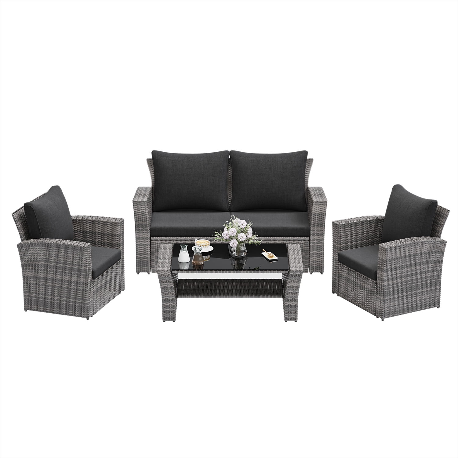 RoyalCraft 4 Piece Outdoor Patio Furniture Sets, Wicker Conversation Set for Porch Deck, Grey Rattan Sofa Chair with Cushion