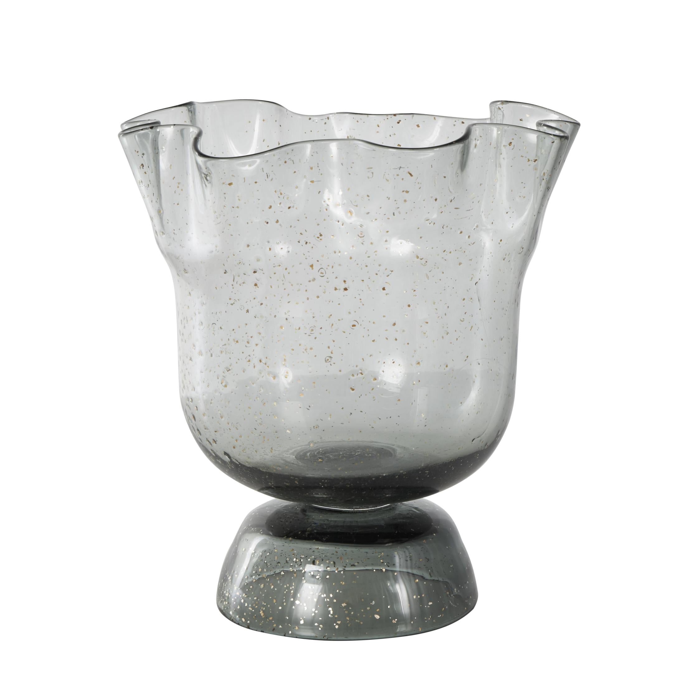 DecMode 11" Floral Tulip Inspired Wide Black Glass Vase with Wavy Opening and Gold Speckles