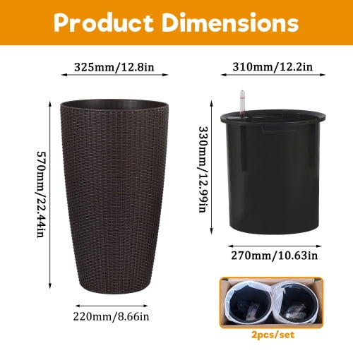 Chak’s Choice 22.7" Tall Planter Set of 2, Large Self Watering Pots for Indoor/Outdoor Plants with Drain Holes, Water Level Monitor, Inner Bucket for Front Porch Patio, Brown