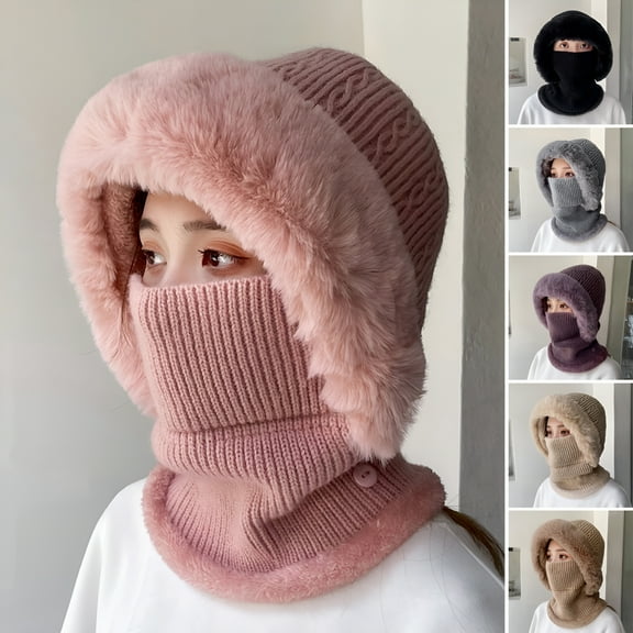 TELOLY Winter Fleece Hood Ski Mask Knit Hat Face Mask with Faux Fur Thick Balaclava Pullover Knitted Beanie Hat Face Cover Neck Gaiter Warmer Beanie Cap for Outdoor