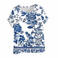thumbnail image 3 of Linen Plus Size Tops for Women Floral Printed Short Sleeve Crewneck Loose Fit Casual Beach Summer Tshirts (XL, Blue), 3 of 5
