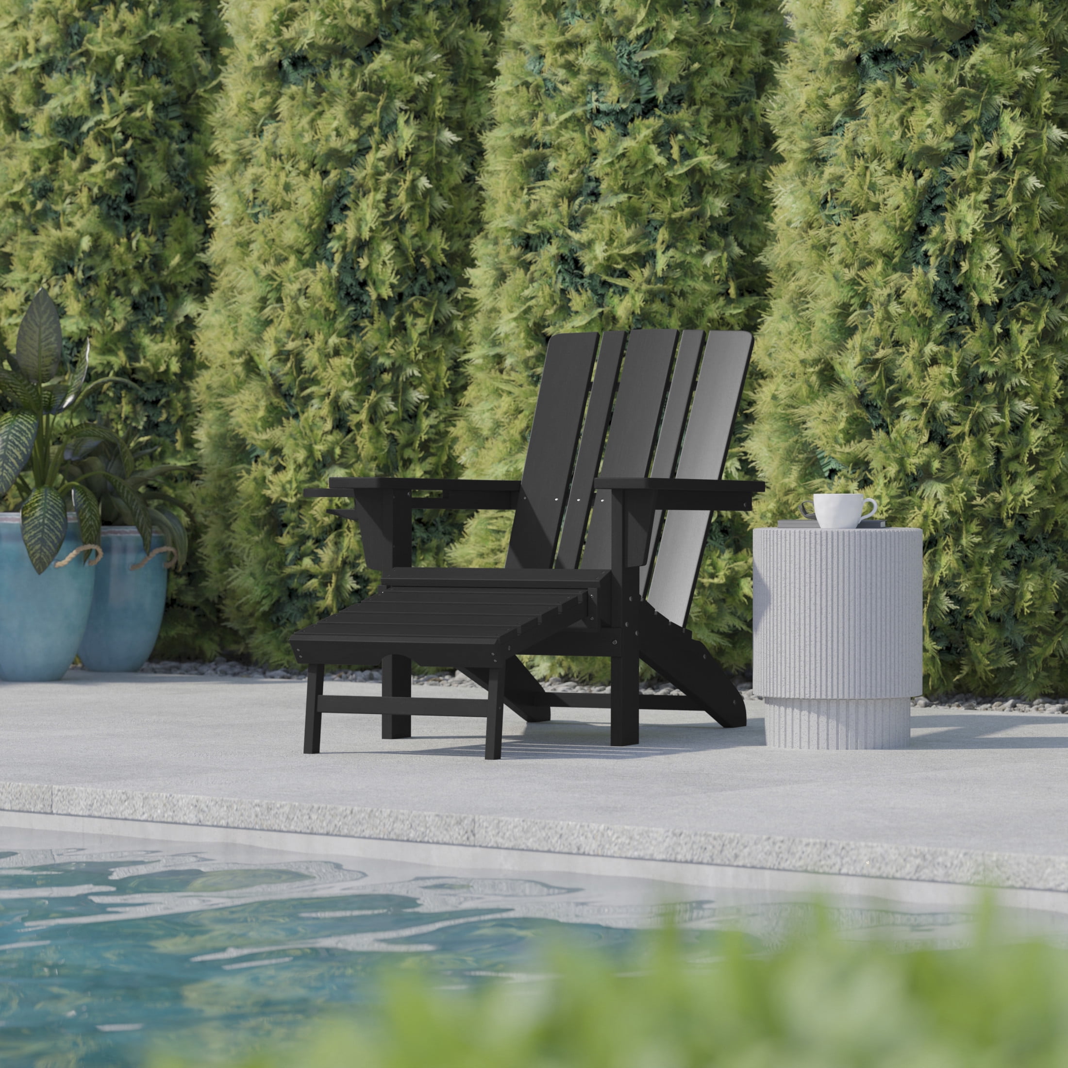 Flash Furniture Halifax HDPE Adirondack Chair with Cup Holder and Pull Out Ottoman, All-Weather HDPE Indoor/Outdoor Lounge Chair in Black, Set of 2