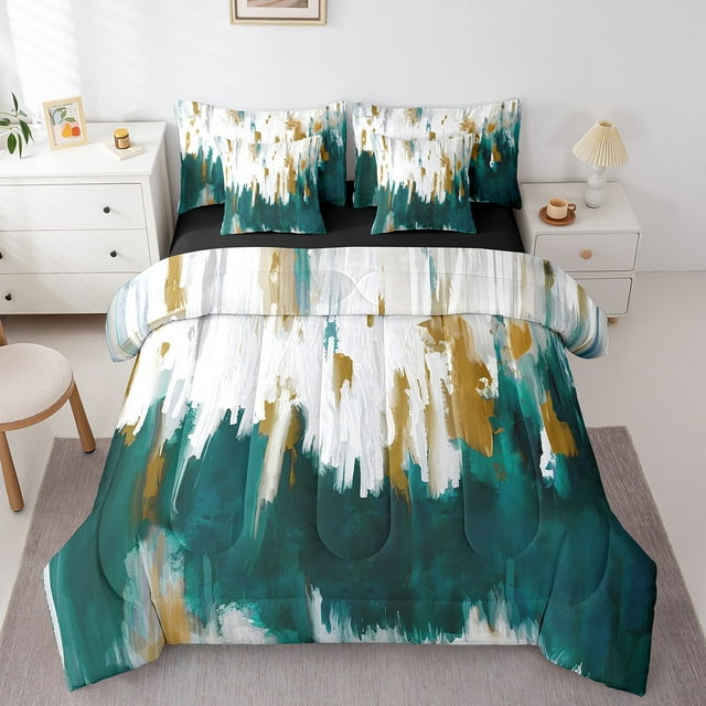 YST Modern Graffiti Teal 7-Piece Bed in a Bag, Contemporary Stripe Comforter Set, Full Size