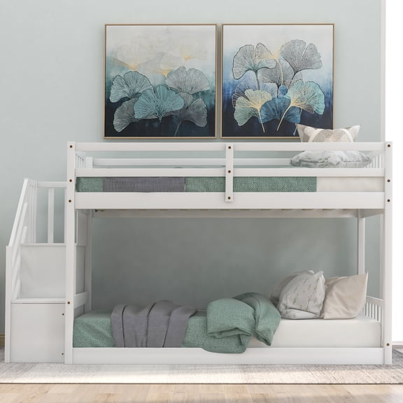 MODERNLUXE Twin over Twin Size Bunk Bed, Floor Bed with Storage Staircase, White