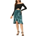 thumbnail image 2 of Allegra K Women's Split Ruffle Trim Tie Velvet Knee Length Wrap Asymmetrical Skirt, 2 of 5