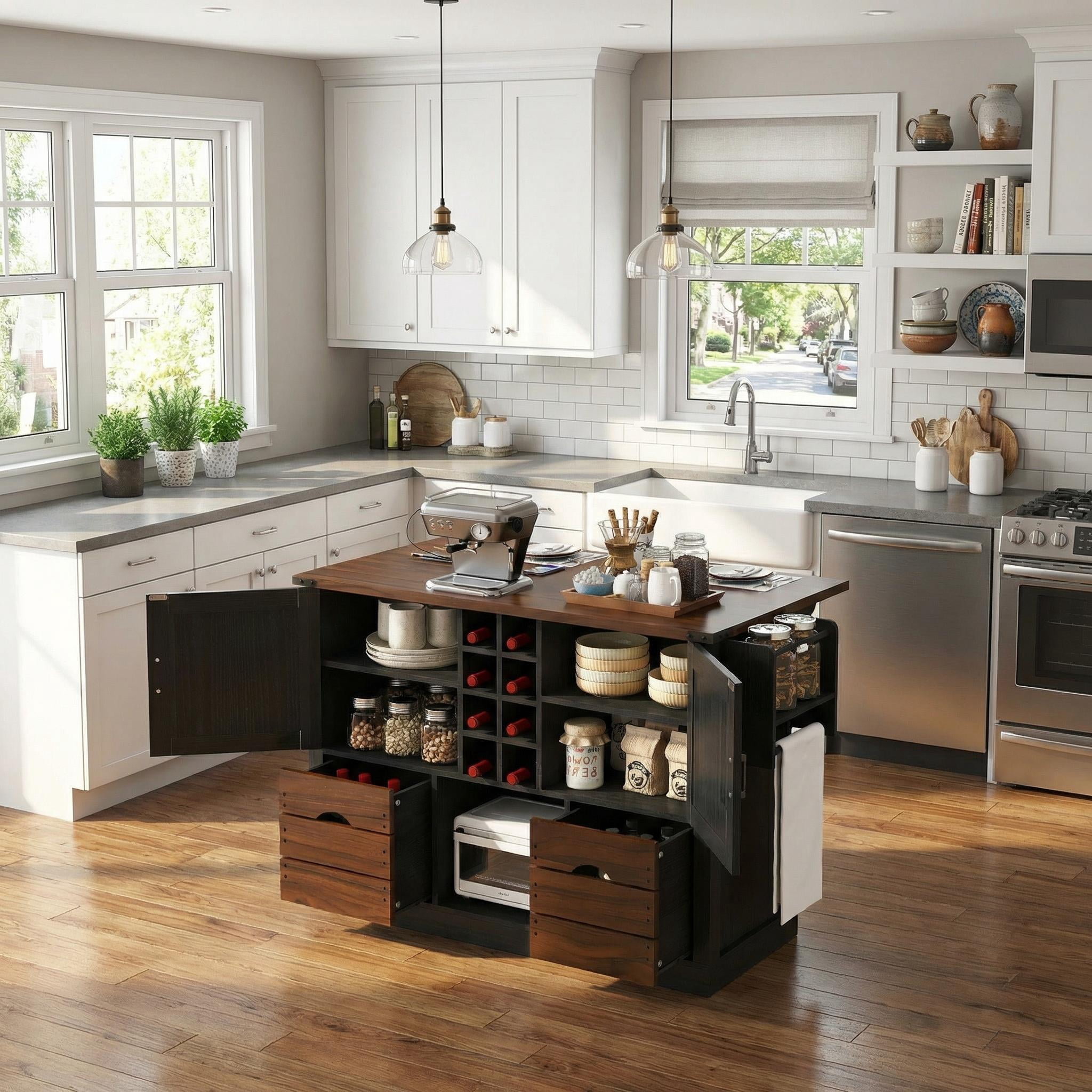 Homy Casa Rolling Kitchen Island with Drop Leaf, Wine Rack, Drawers and Storage Cabinets