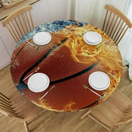 

Tllo0ord Basketball in Fire and Water Tablecloth with Elastic Edge Round Table Cloth Sport Ball Washable Reusable Table Cover for Kitchen Dining Party Picnic Small 46 -50
